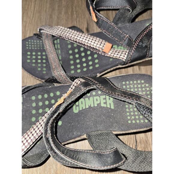 Camper Wedge Strappy Sandals Sz 37 US 7 EUC Brown Leather Fabric Patterned - Picture 7 of 8